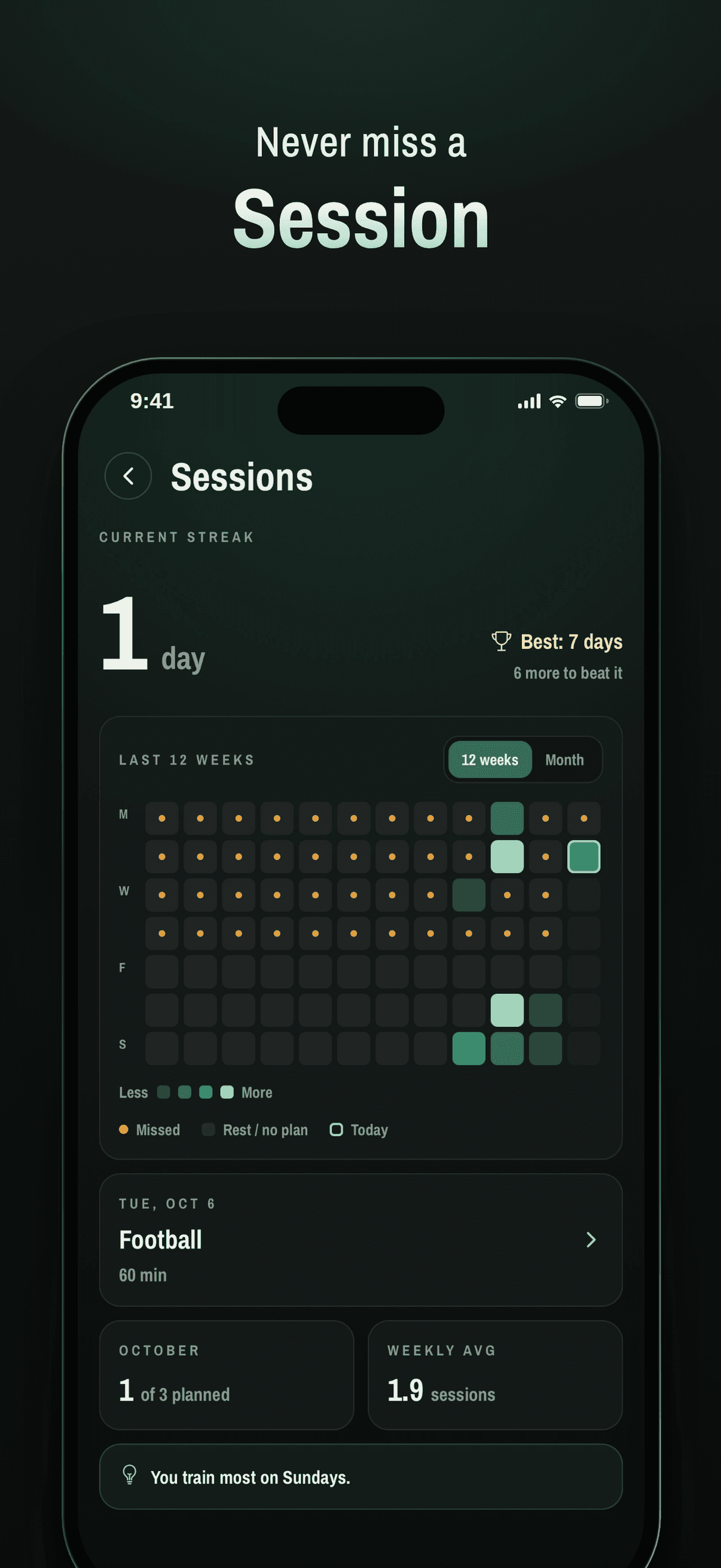 Sessions: workout history and streak